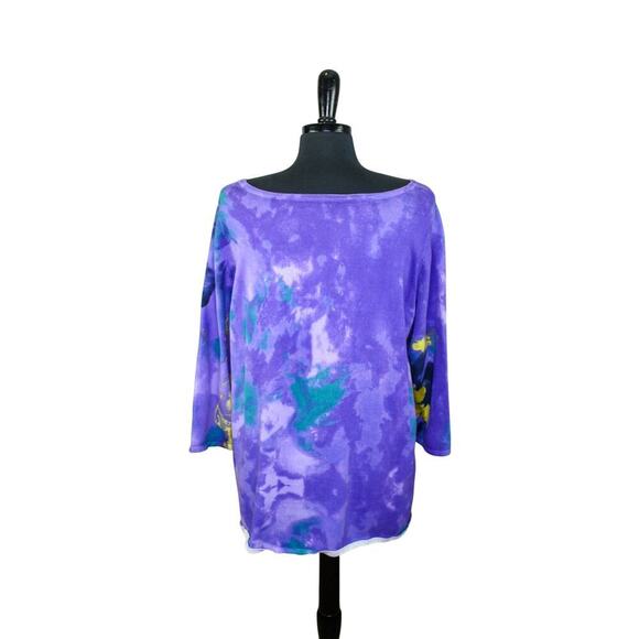 Simonton Says Knit Top Floral Purple Yellow Wide Neck Bold Tie Dye XL - Picture 2 of 4